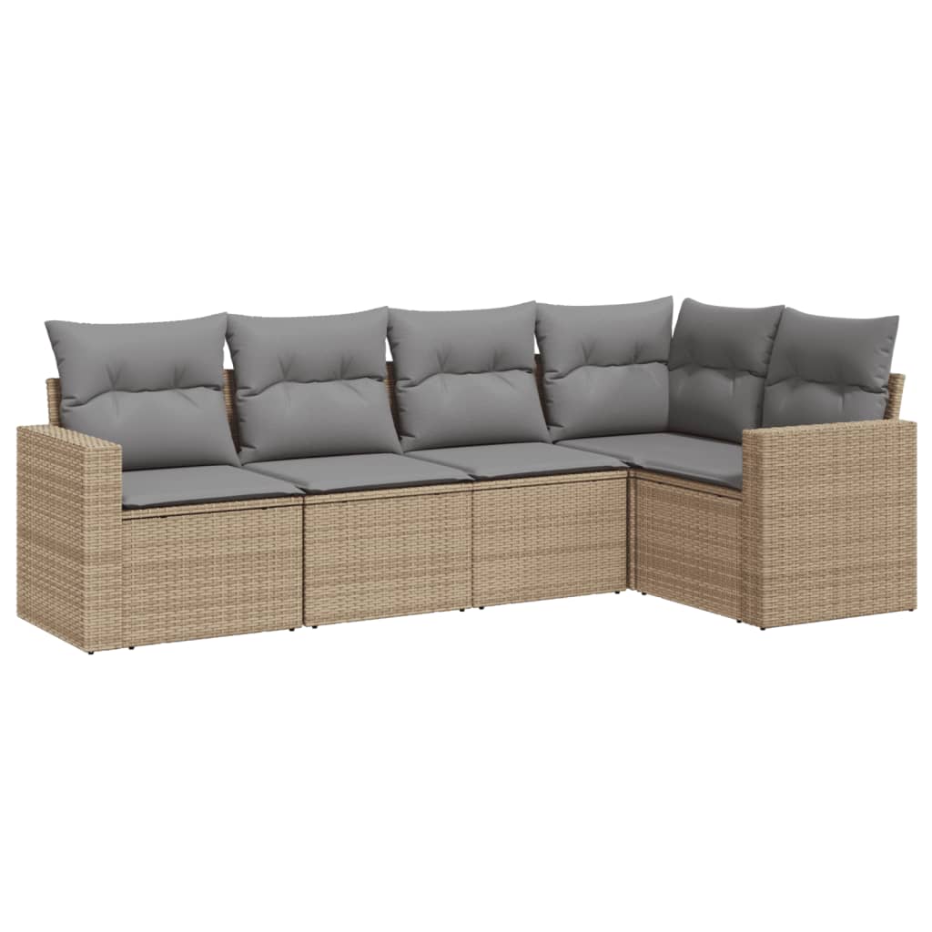 5-delige Loungeset met kussens poly rattan beige