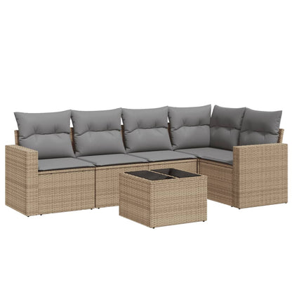 6-delige Loungeset met kussens poly rattan beige