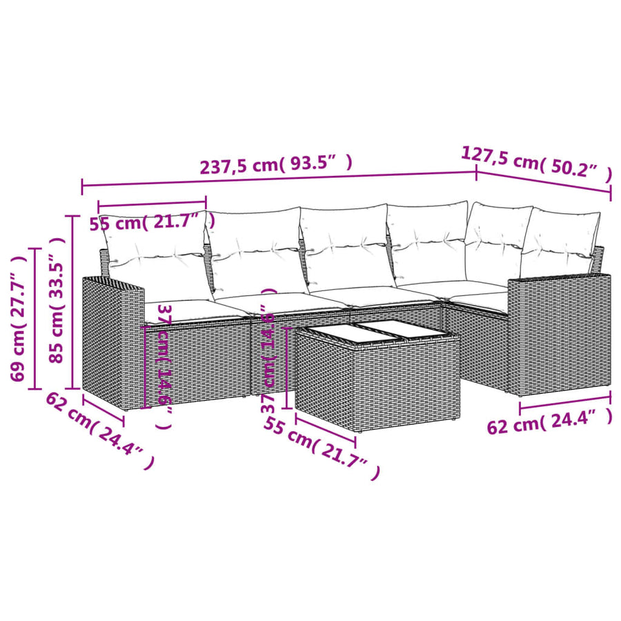 6-delige Loungeset met kussens poly rattan grijs Grijs Met tafel