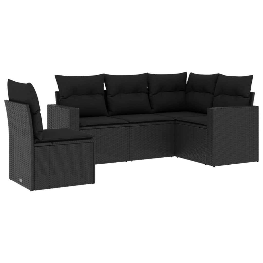 5-delige Loungeset met kussens poly rattan zwart