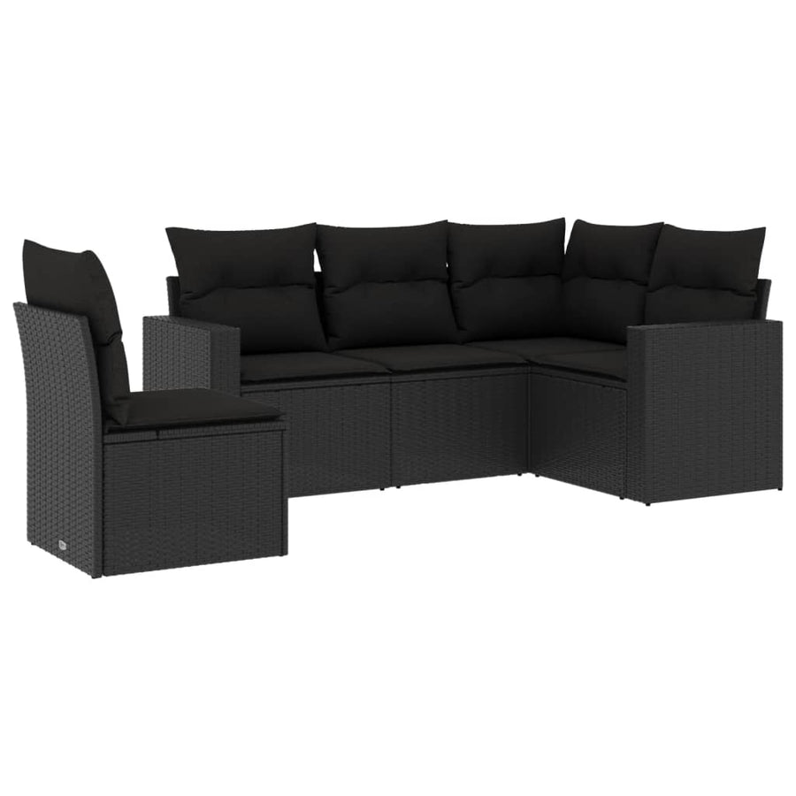 5-delige Loungeset met kussens poly rattan zwart