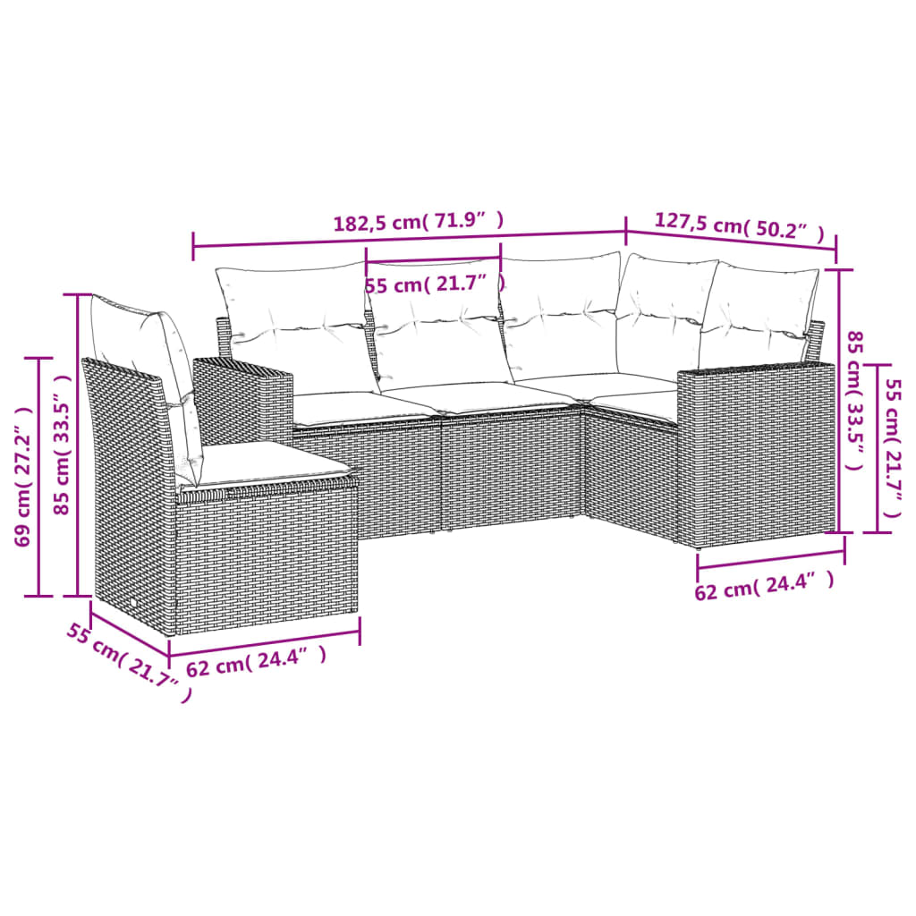 5-delige Loungeset met kussens poly rattan zwart