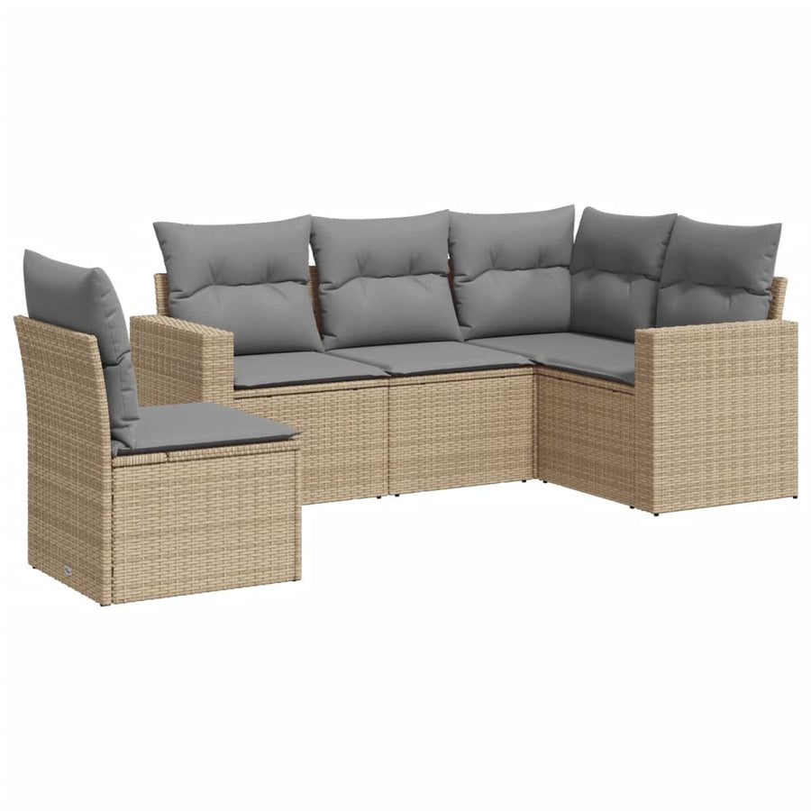 5-delige Loungeset met kussens poly rattan beige Beige en grijs Zonder tafel