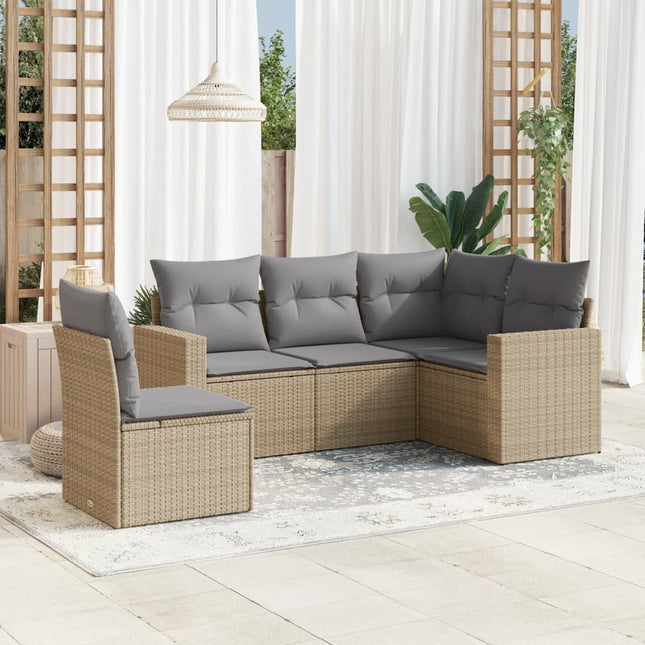 5-delige Loungeset met kussens poly rattan beige Beige en grijs Zonder tafel