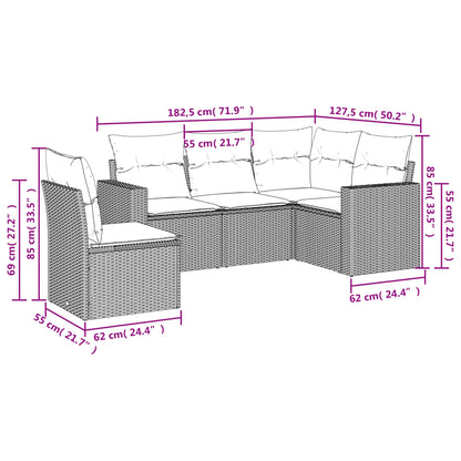 5-delige Loungeset met kussens poly rattan grijs Grijs Zonder tafel