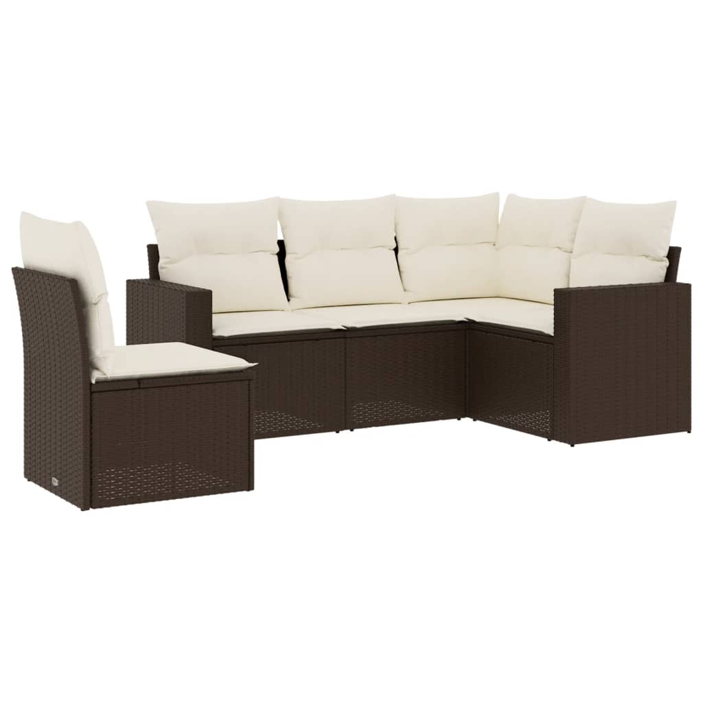 5-delige Loungeset met kussens poly rattan bruin Bruin en crème Zonder tafel