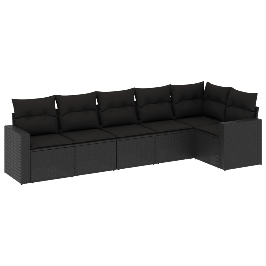 6-delige Loungeset met kussens poly rattan zwart 1 Zwart
