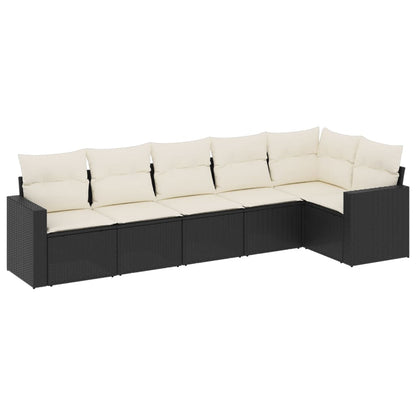 6-delige Loungeset met kussens poly rattan zwart 1 Zwart en crème