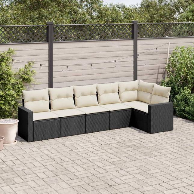 6-delige Loungeset met kussens poly rattan zwart 1 Zwart en crème