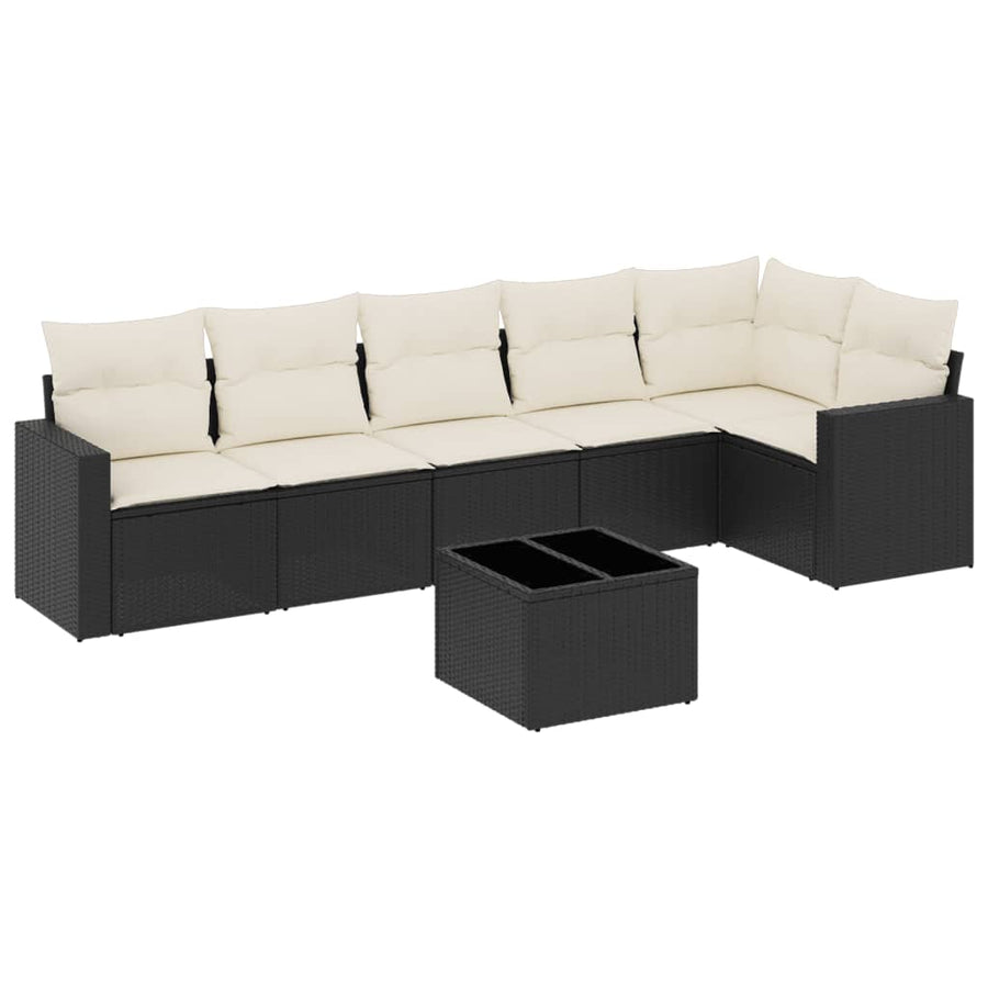 7-delige Loungeset met kussens poly rattan zwart Zwart en crème Met tafel