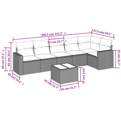 7-delige Loungeset met kussens poly rattan zwart Zwart en crème Met tafel