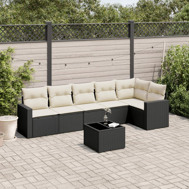 7-delige Loungeset met kussens poly rattan zwart Zwart en crème Met tafel