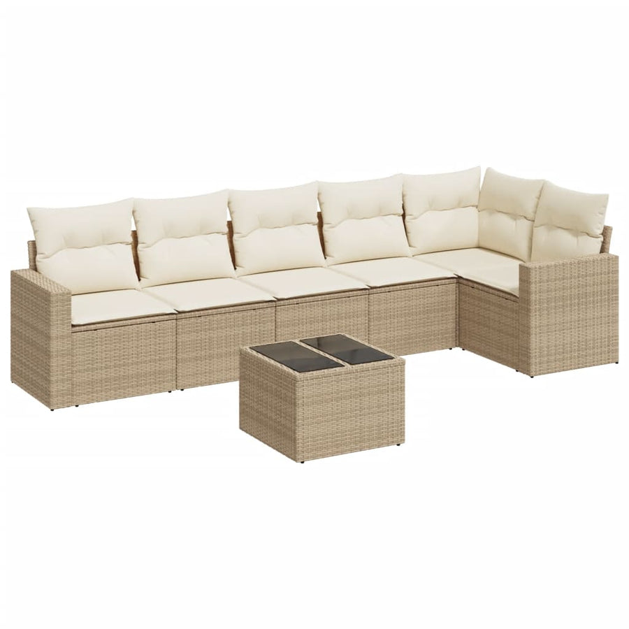 7-delige Loungeset met kussens poly rattan beige