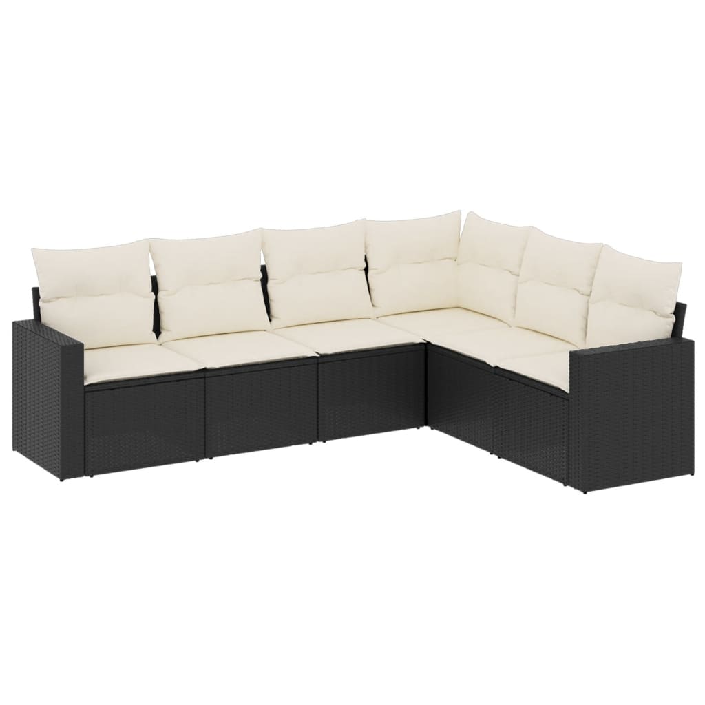 6-delige Loungeset met kussens poly rattan zwart 1 Zwart en crème