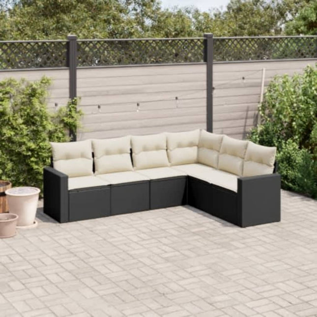 6-delige Loungeset met kussens poly rattan zwart 1 Zwart en crème