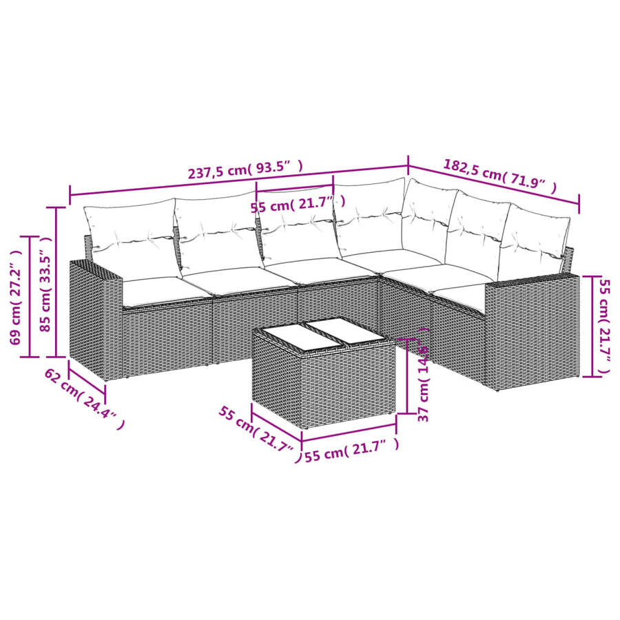 7-Delige Loungeset Met Kussens Poly Rattan Zwart