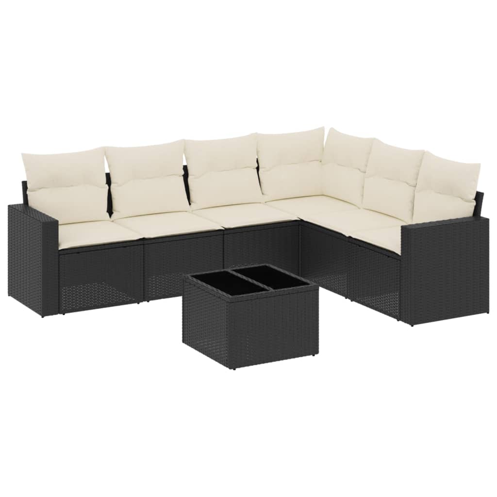 7-delige Loungeset met kussens poly rattan zwart Zwart en crème Met tafel