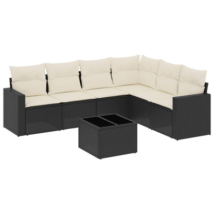 7-delige Loungeset met kussens poly rattan zwart Zwart en crème Met tafel