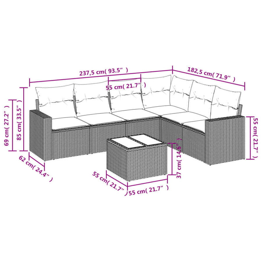 7-Delige Loungeset Met Kussens Poly Rattan Beige Wijnrood
