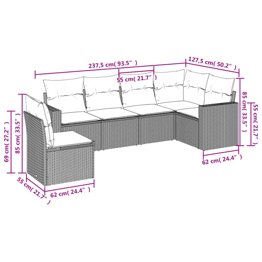 6-Delige Loungeset Met Kussens Poly Rattan Beige