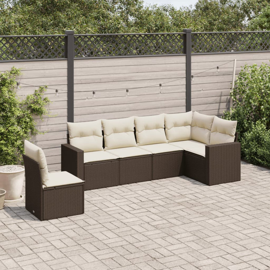 6-delige Loungeset met kussens poly rattan bruin Bruin en crème Zonder tafel