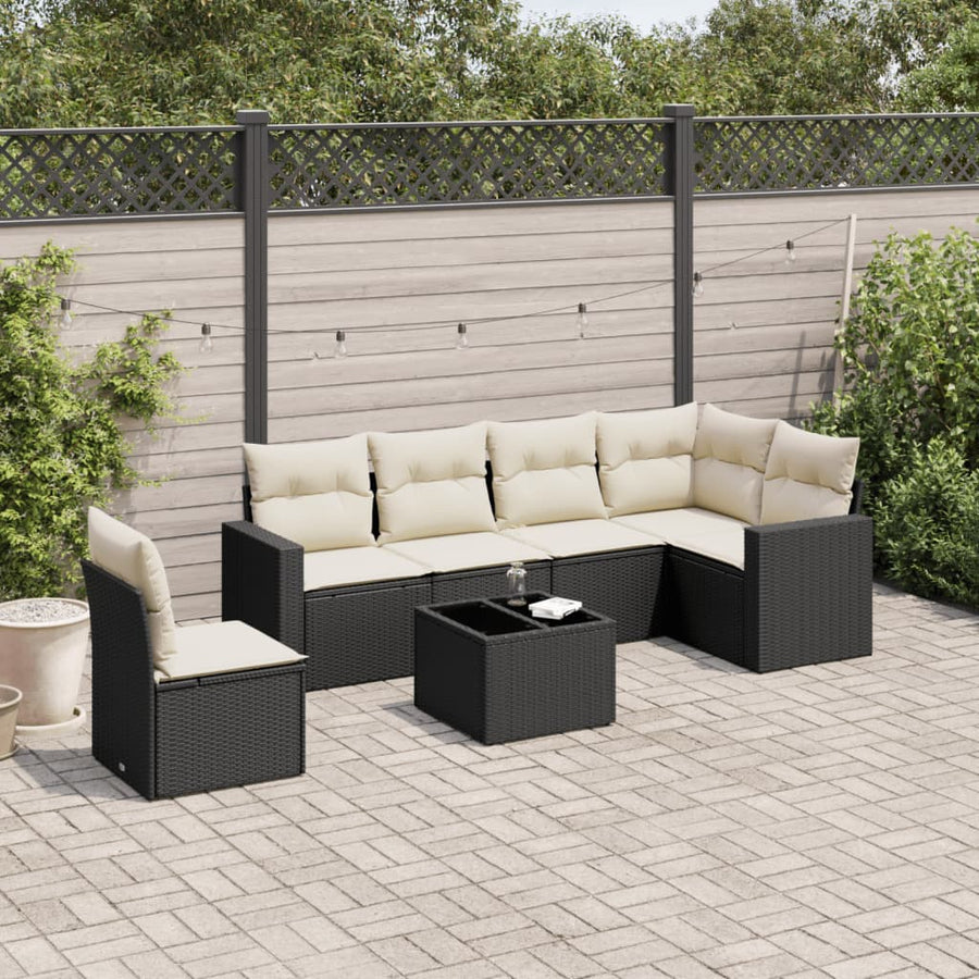 7-Delige Loungeset Met Kussens Poly Rattan Zwart en crème Met tafel