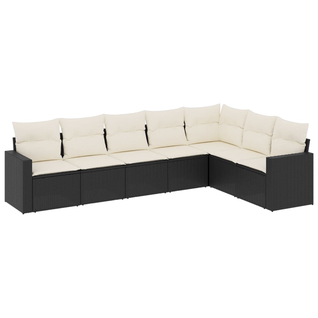 7-delige Loungeset met kussens poly rattan zwart 1 Zwart en crème