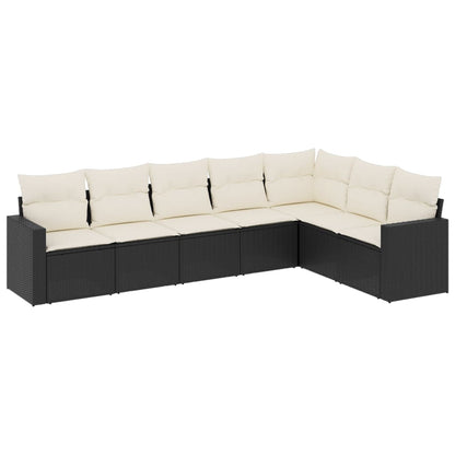 7-delige Loungeset met kussens poly rattan zwart 1 Zwart en crème