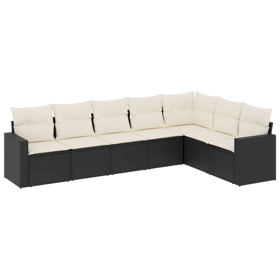 7-delige Loungeset met kussens poly rattan zwart 1 Zwart en crème