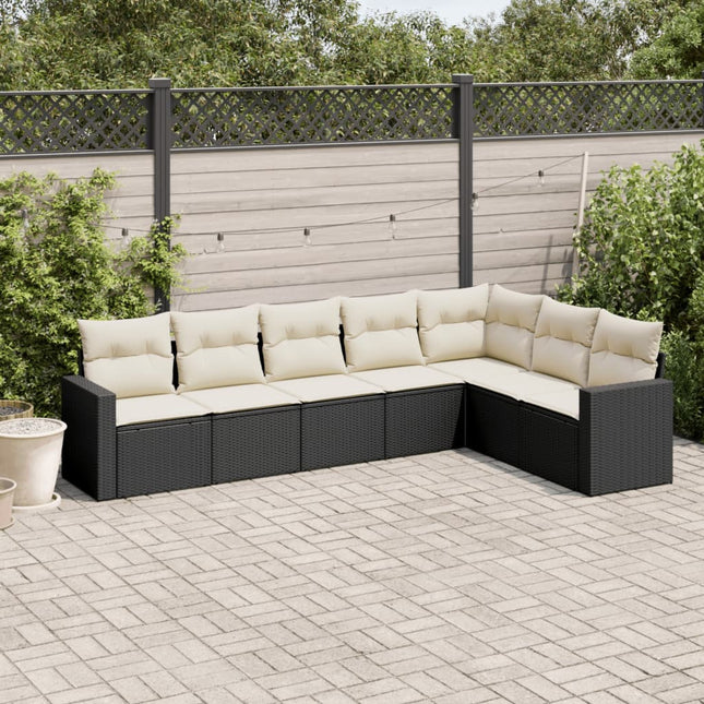 7-delige Loungeset met kussens poly rattan zwart 1 Zwart en crème