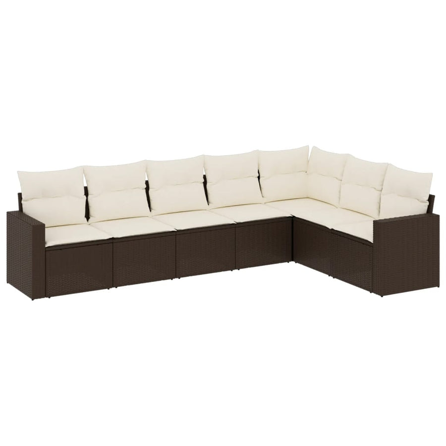 7-delige Loungeset met kussens poly rattan bruin Bruin en crème Zonder tafel