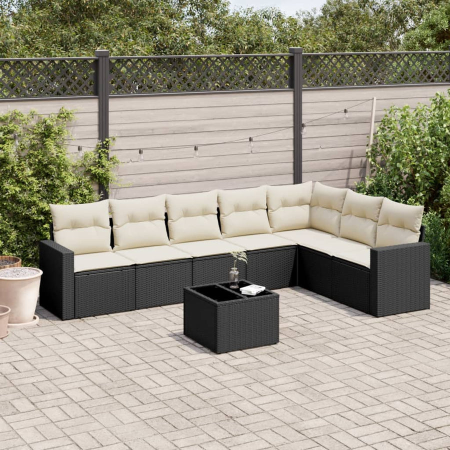 8-delige Loungeset met kussens poly rattan zwart Zwart en crème Met tafel