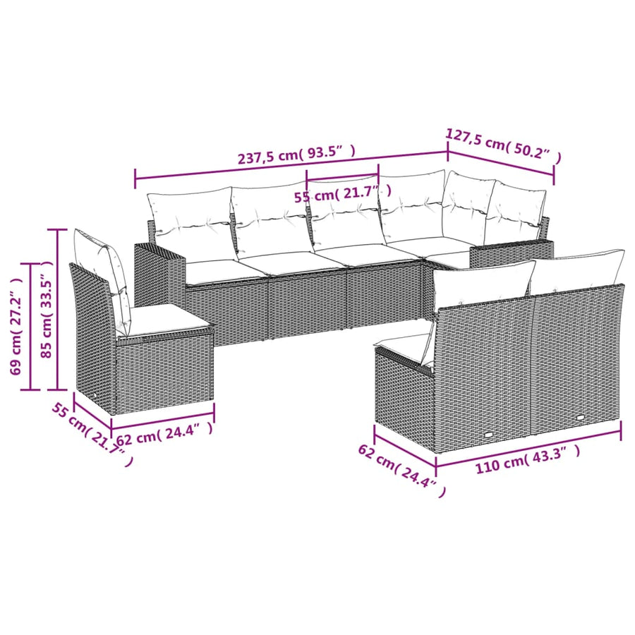 8-delige Loungeset met kussens poly rattan bruin 1 Bruin en crème