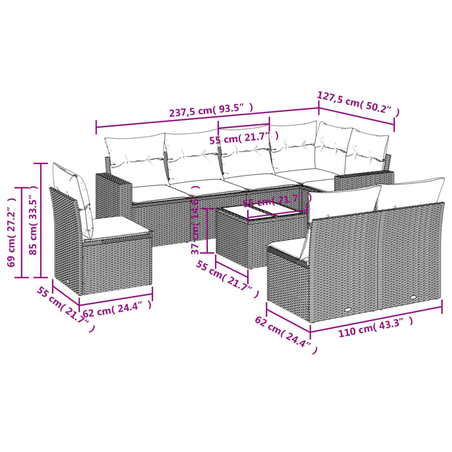 9-Delige Loungeset Met Kussens Poly Rattan Zwart