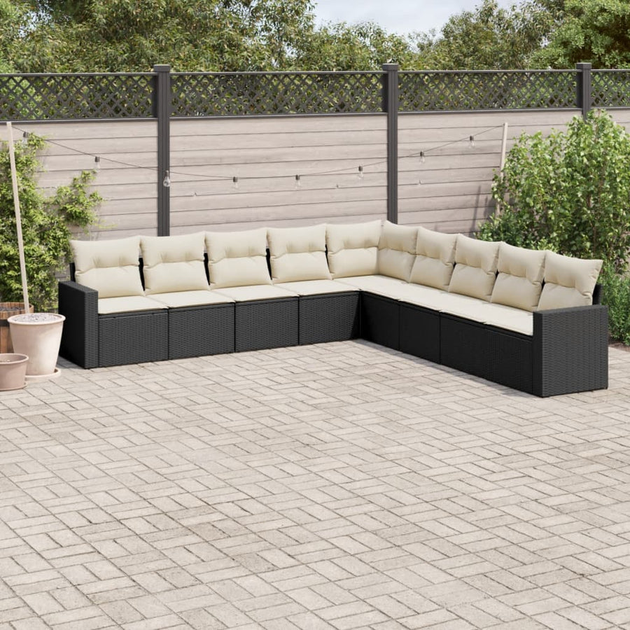 9-delige Loungeset met kussens poly rattan zwart Zwart en crème Zonder tafel