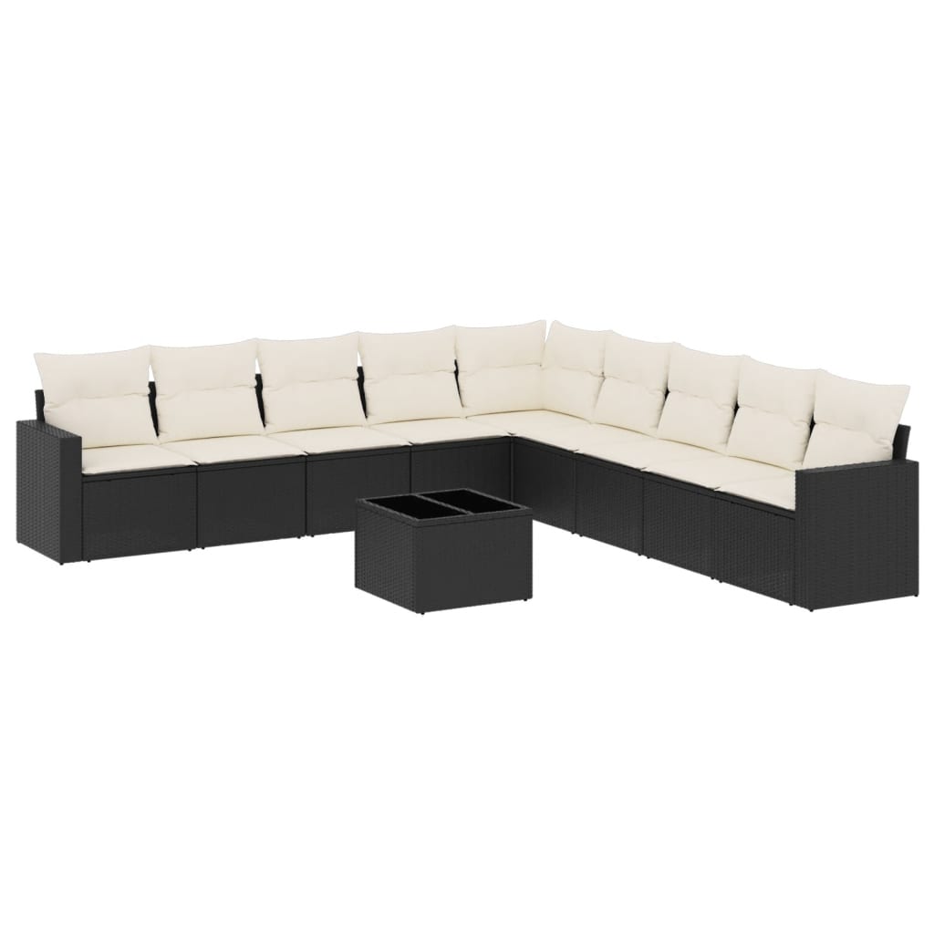10-delige Loungeset met kussens poly rattan zwart Zwart en crème