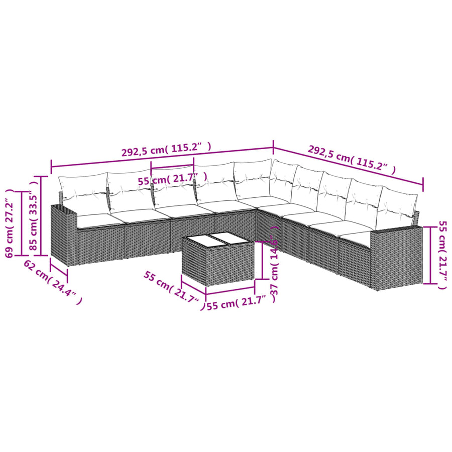 10-Delige Loungeset Met Kussens Poly Rattan Beige