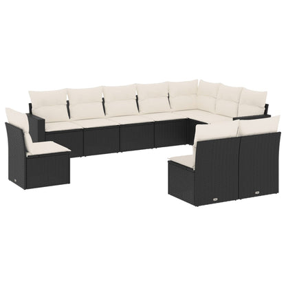 10-delige Loungeset met kussens poly rattan zwart Zwart en crème Zonder tafel