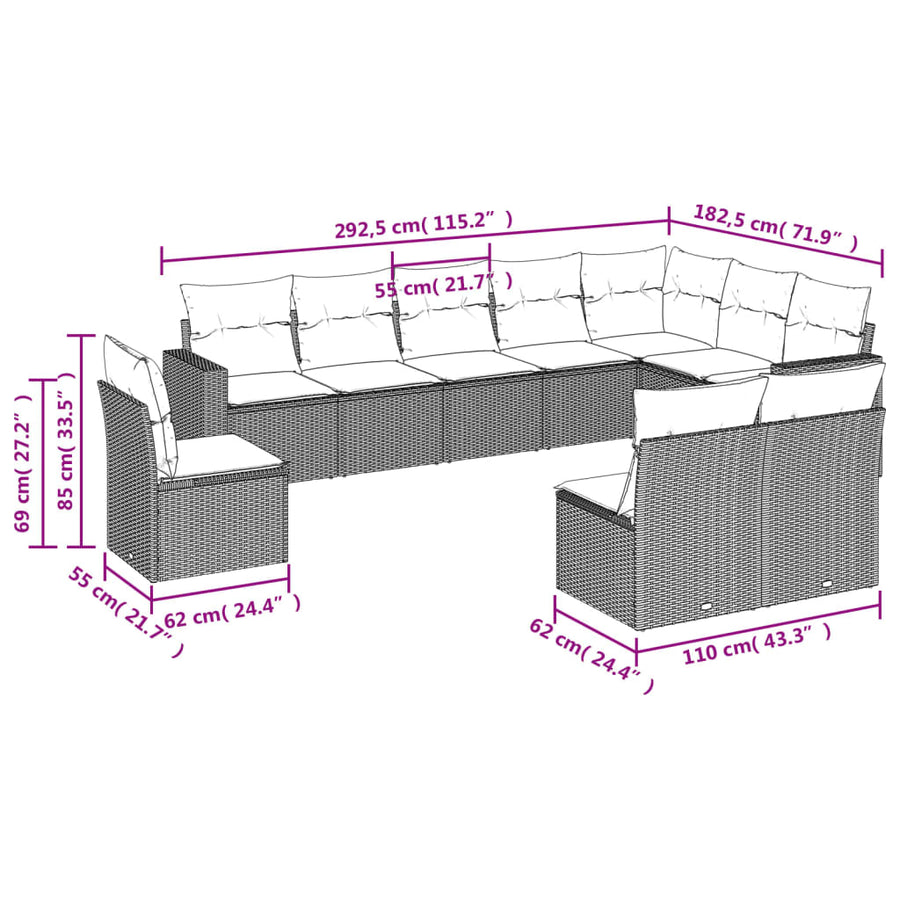 10-delige Loungeset met kussens poly rattan bruin Bruin en crème