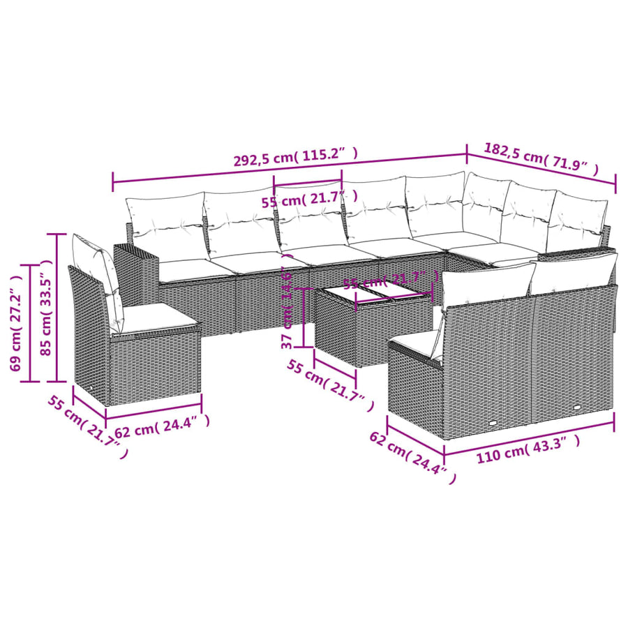 11-Delige Loungeset Met Kussens Poly Rattan Zwart
