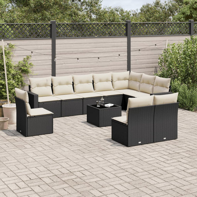 11-delige Loungeset met kussens poly rattan zwart Zwart en crème