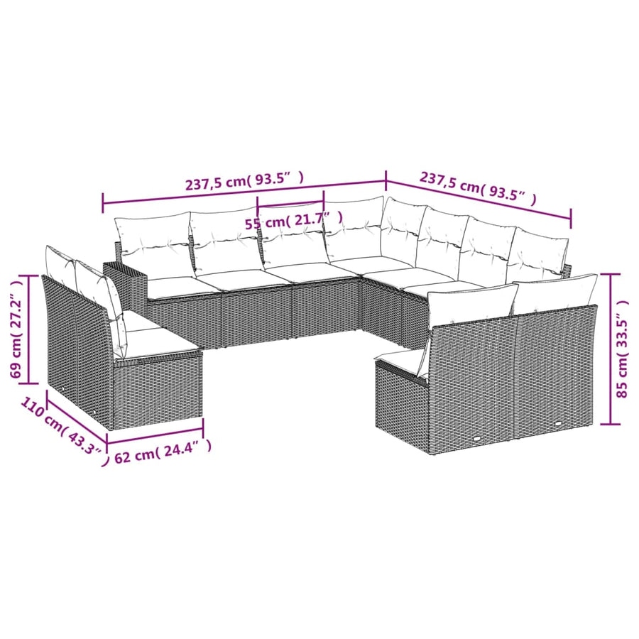 11-delige Loungeset met kussens poly rattan grijs