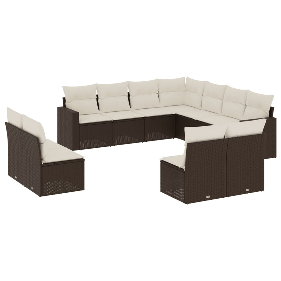 11-delige Loungeset met kussens poly rattan bruin Bruin en crème
