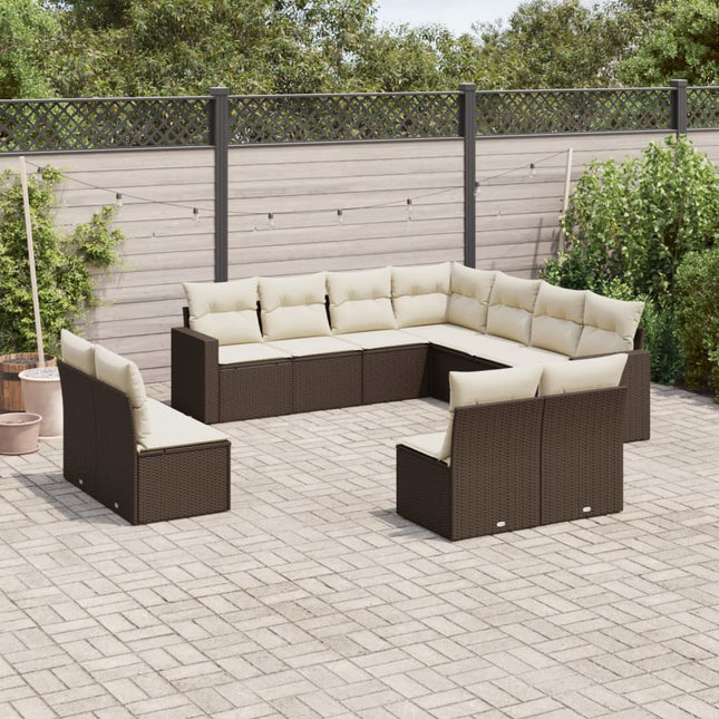 11-delige Loungeset met kussens poly rattan bruin Bruin en crème