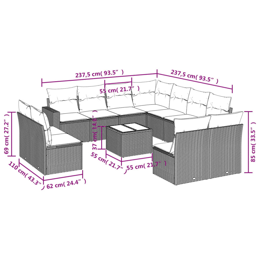 12-Delige Loungeset Met Kussens Poly Rattan Beige