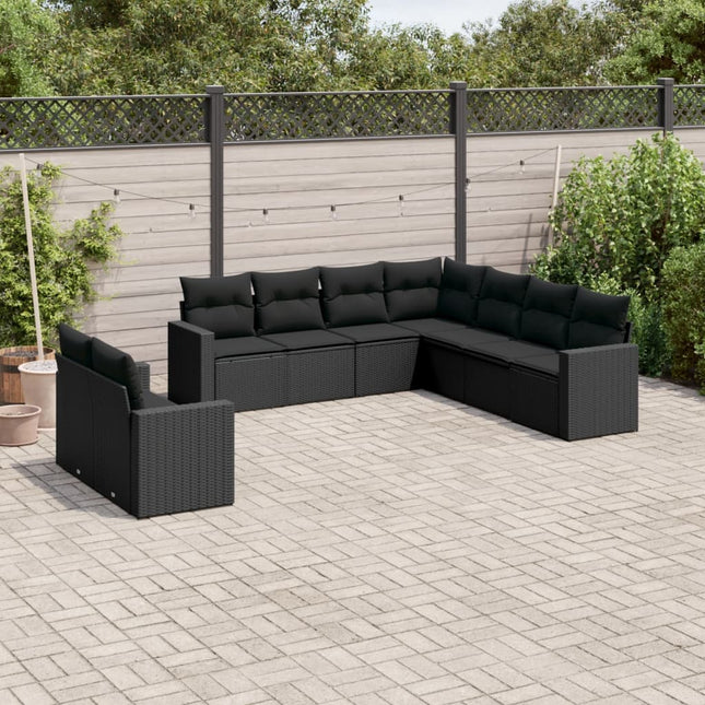 9-delige Loungeset met kussens poly rattan zwart Zwart Zonder tafel