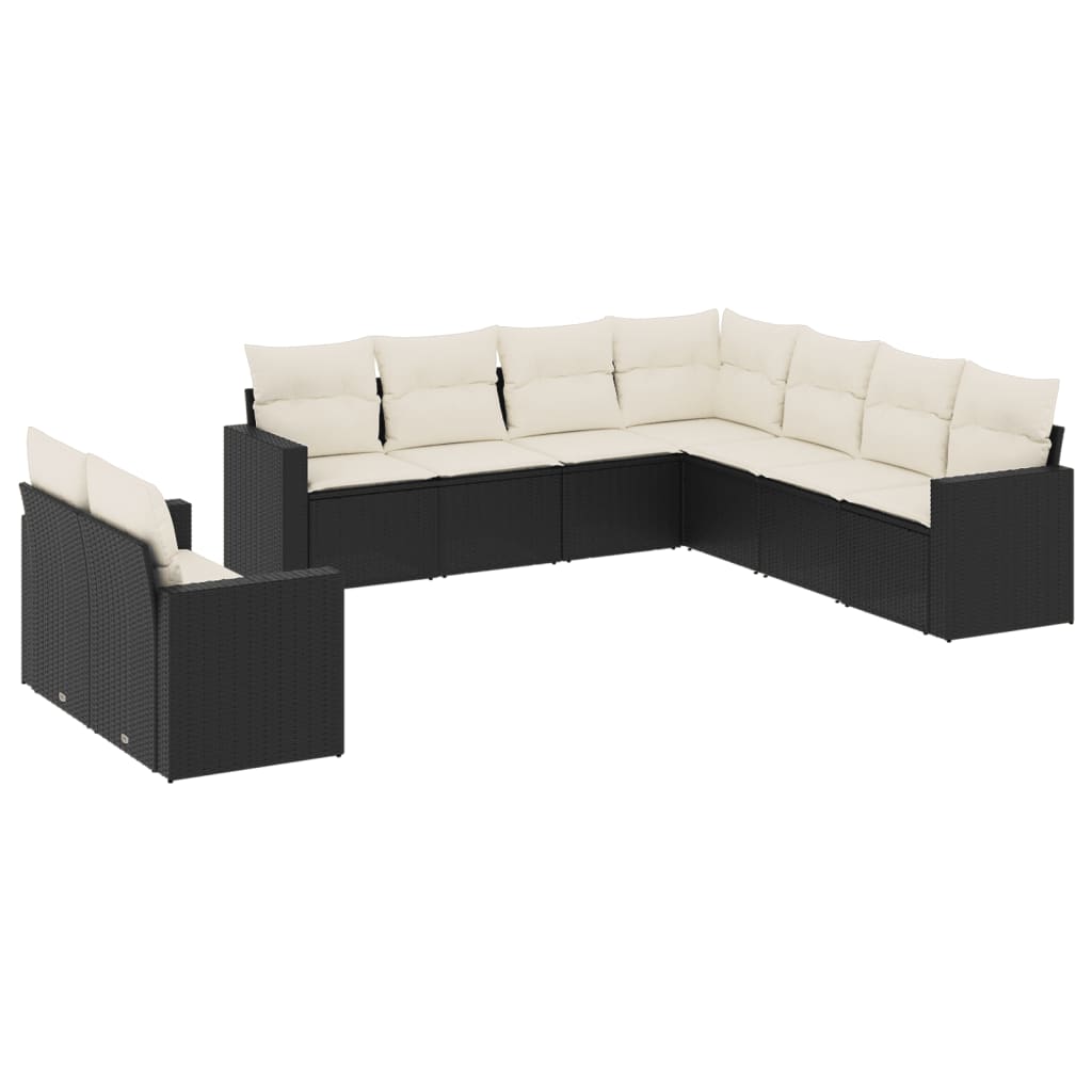 9-delige Loungeset met kussens poly rattan zwart Zwart en crème Zonder tafel