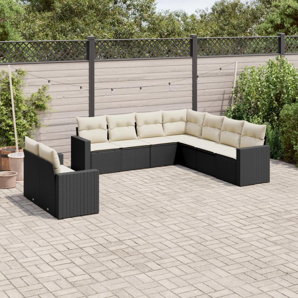 9-delige Loungeset met kussens poly rattan zwart Zwart en crème Zonder tafel