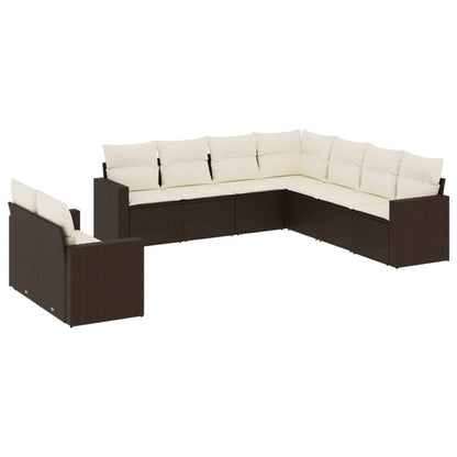 9-delige Loungeset met kussens poly rattan bruin 1 Bruin en crème
