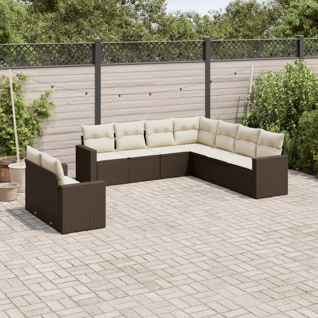 9-delige Loungeset met kussens poly rattan bruin 1 Bruin en crème